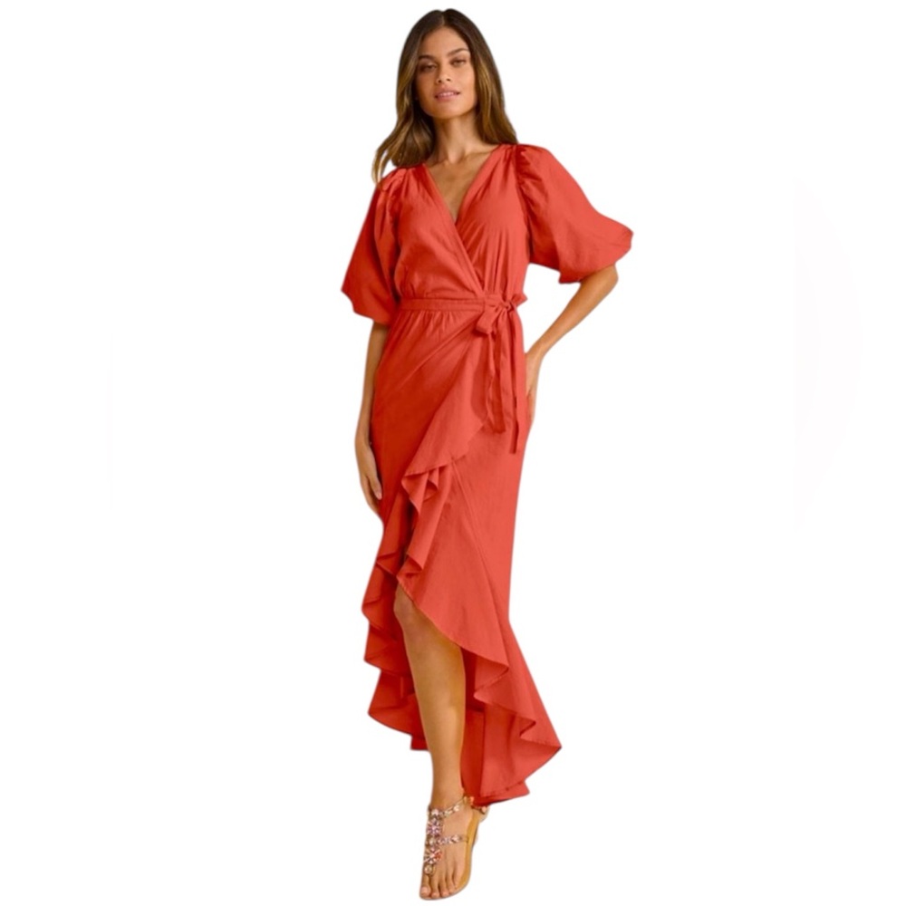 VENUS Coral Ruffle Wrap Maxi Dress‎ High Low Hem Butterfly Sleeves Size 6 Boho